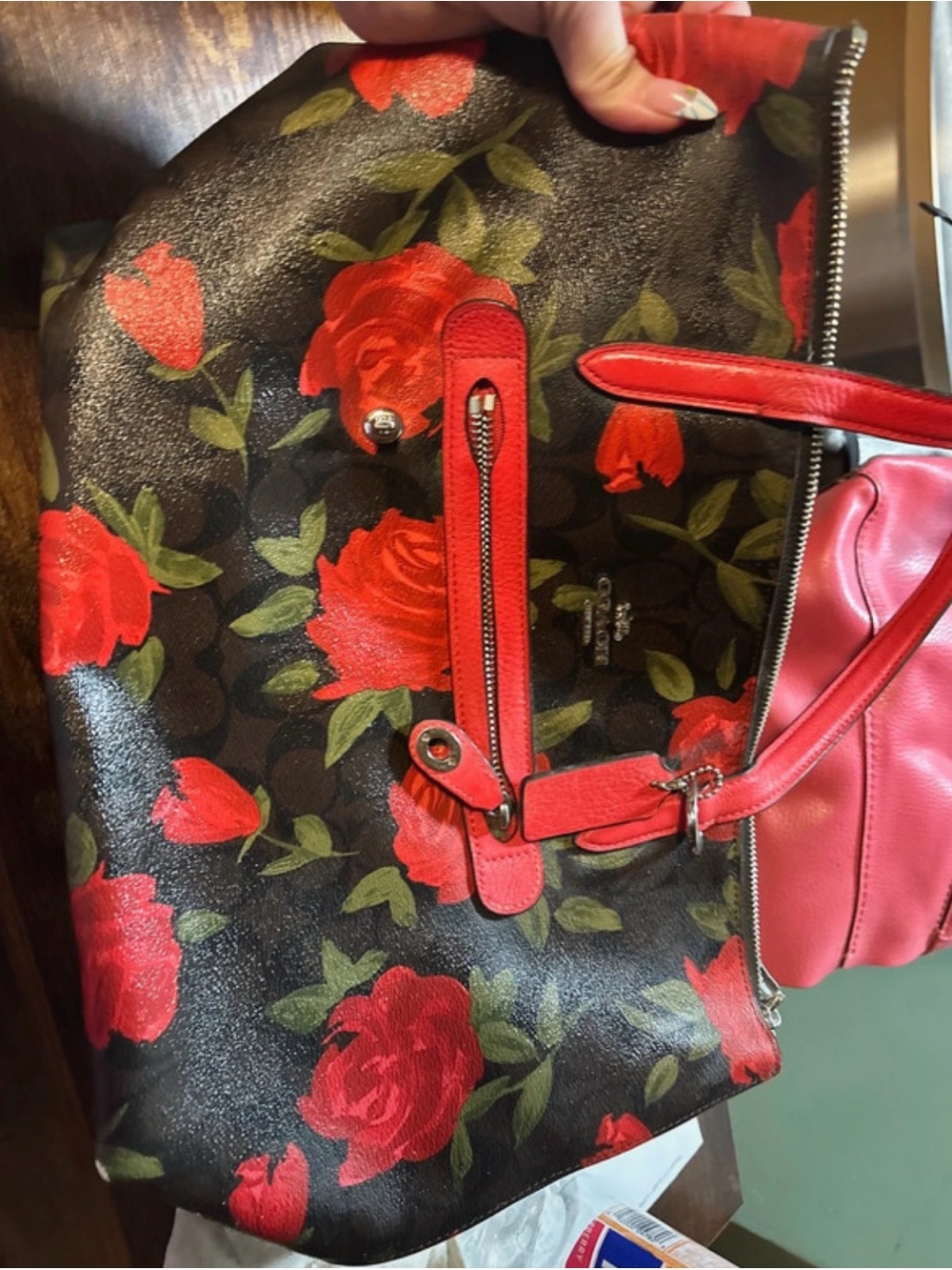 Coach Red Rose Print Tote Bag with Red Trim